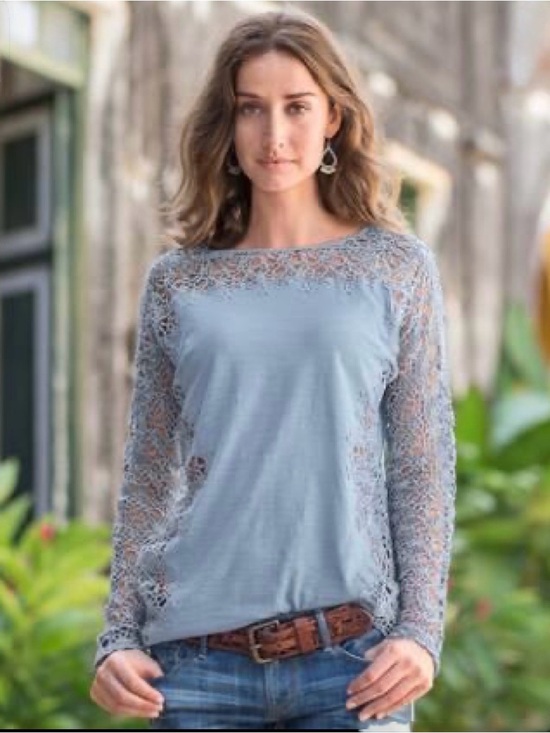 Sundance Tops - Sundance Lily Paramour Light Blue Lace Inset Long Sleeve Top
